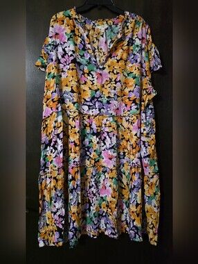 Terra & Sky Floral Midi Dress Colorful Blooms Flutter Sleeve Tiered Size 4X